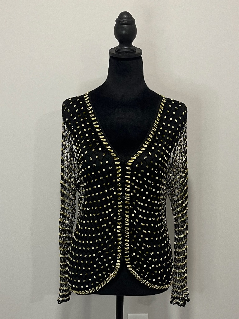Vintage Beaded Cardigan Sweater, Fishnet Crocheted Sweater, Black Gold,